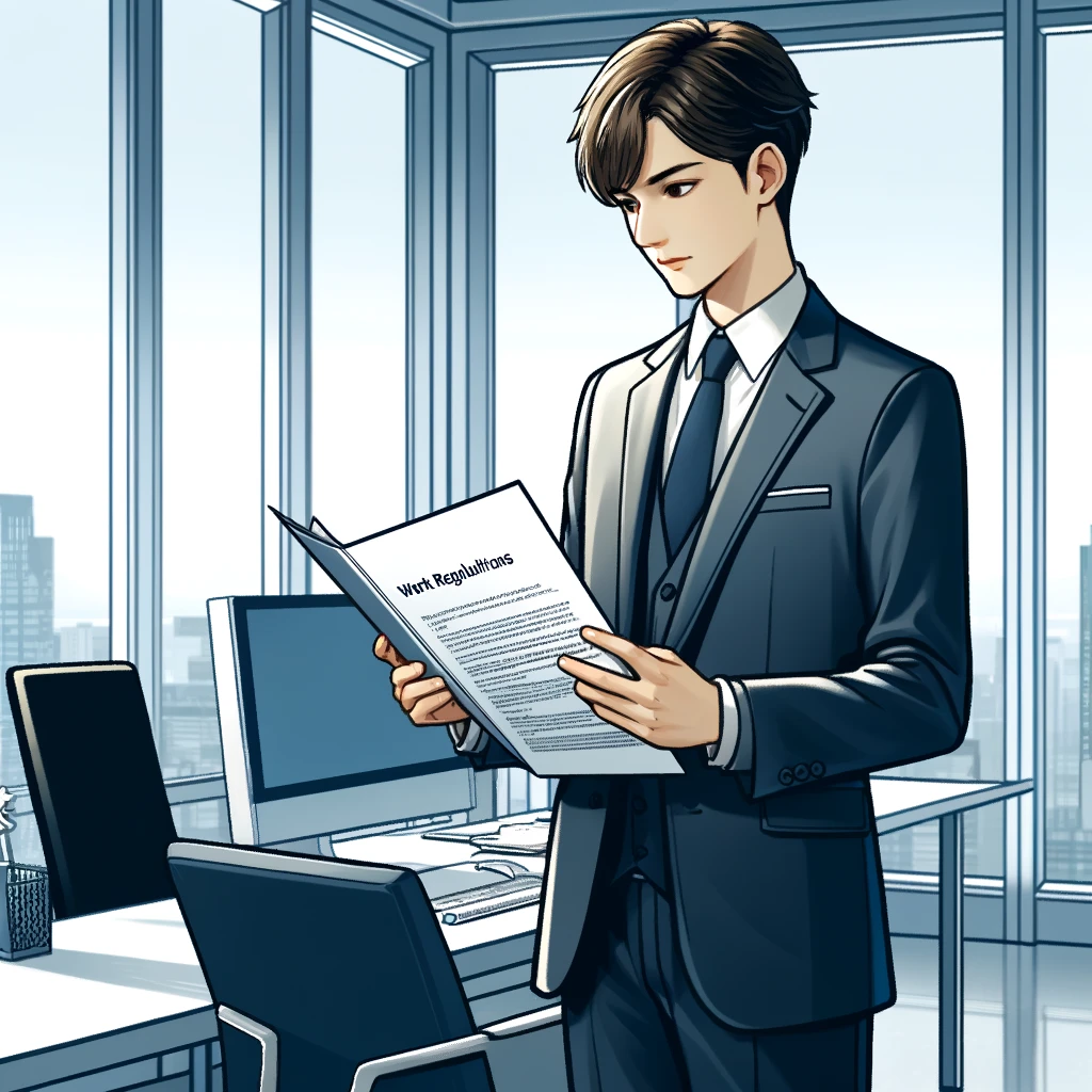就業規則　work regulations　employment regulations　を読む男性